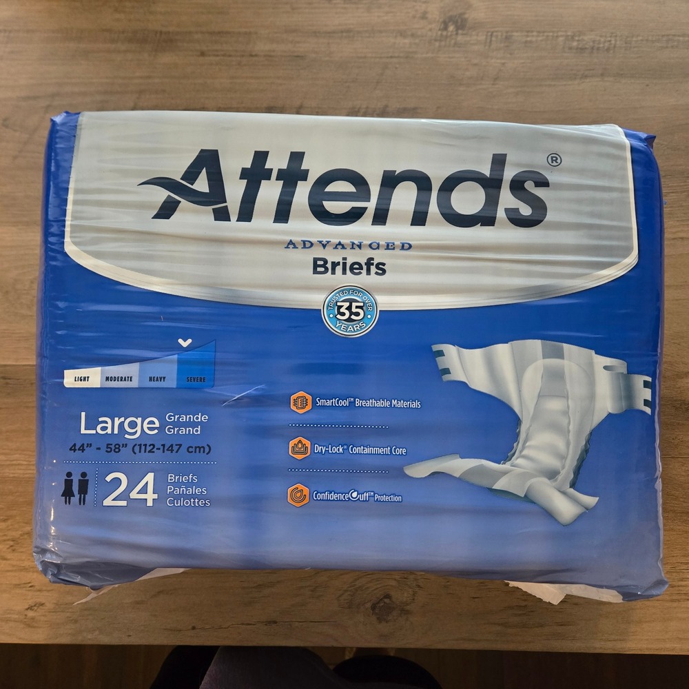 Attends Advanced Briefs, Large, 24 Count, Adult Incontinence Underwear, 44-58"